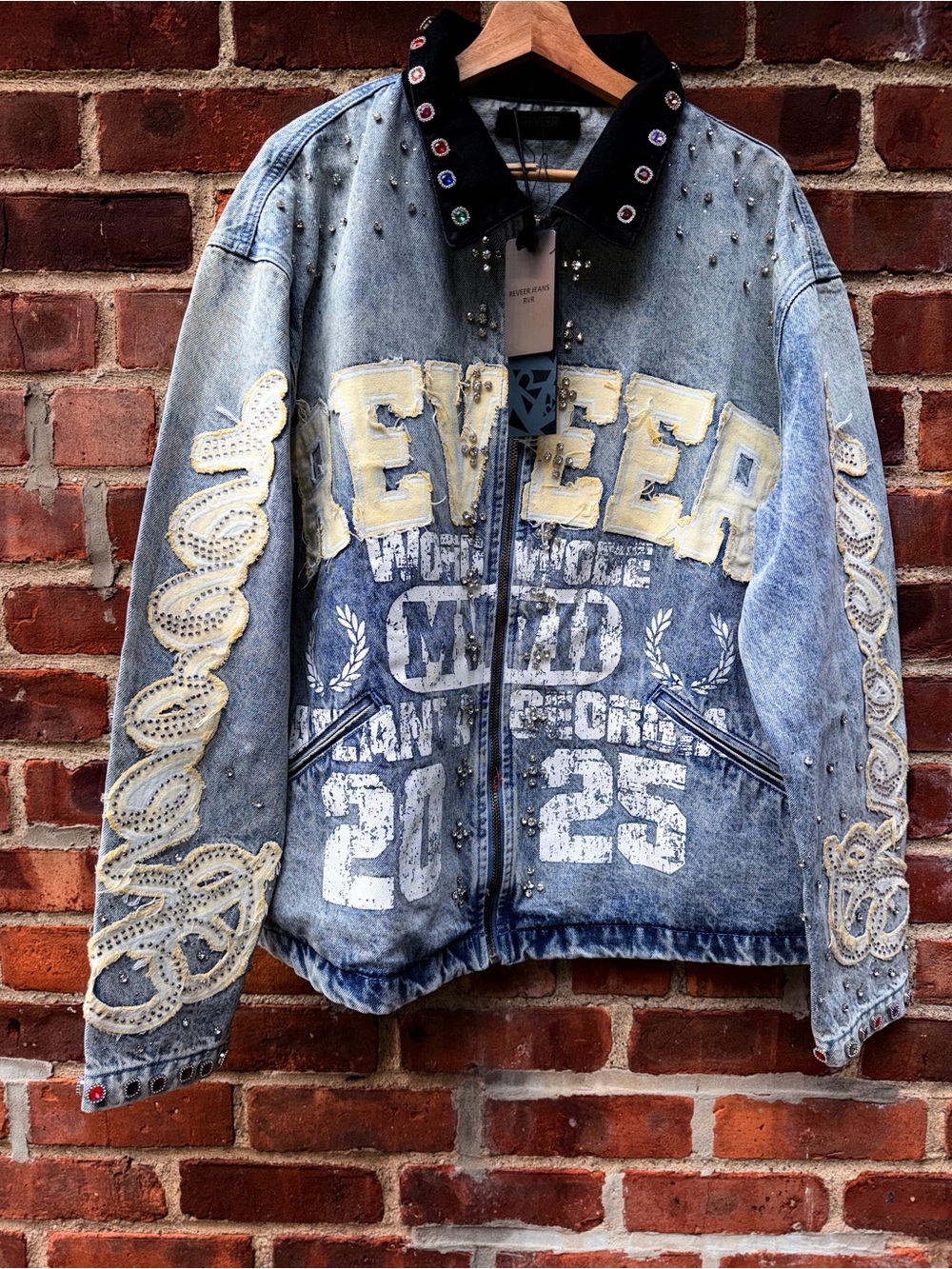 Reveer 23 hustle denim jacket embellished size xl oversized new with tags 🏷️